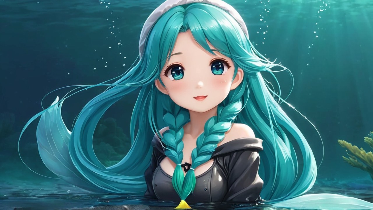 Young girl with teal hair in serene underwater scene