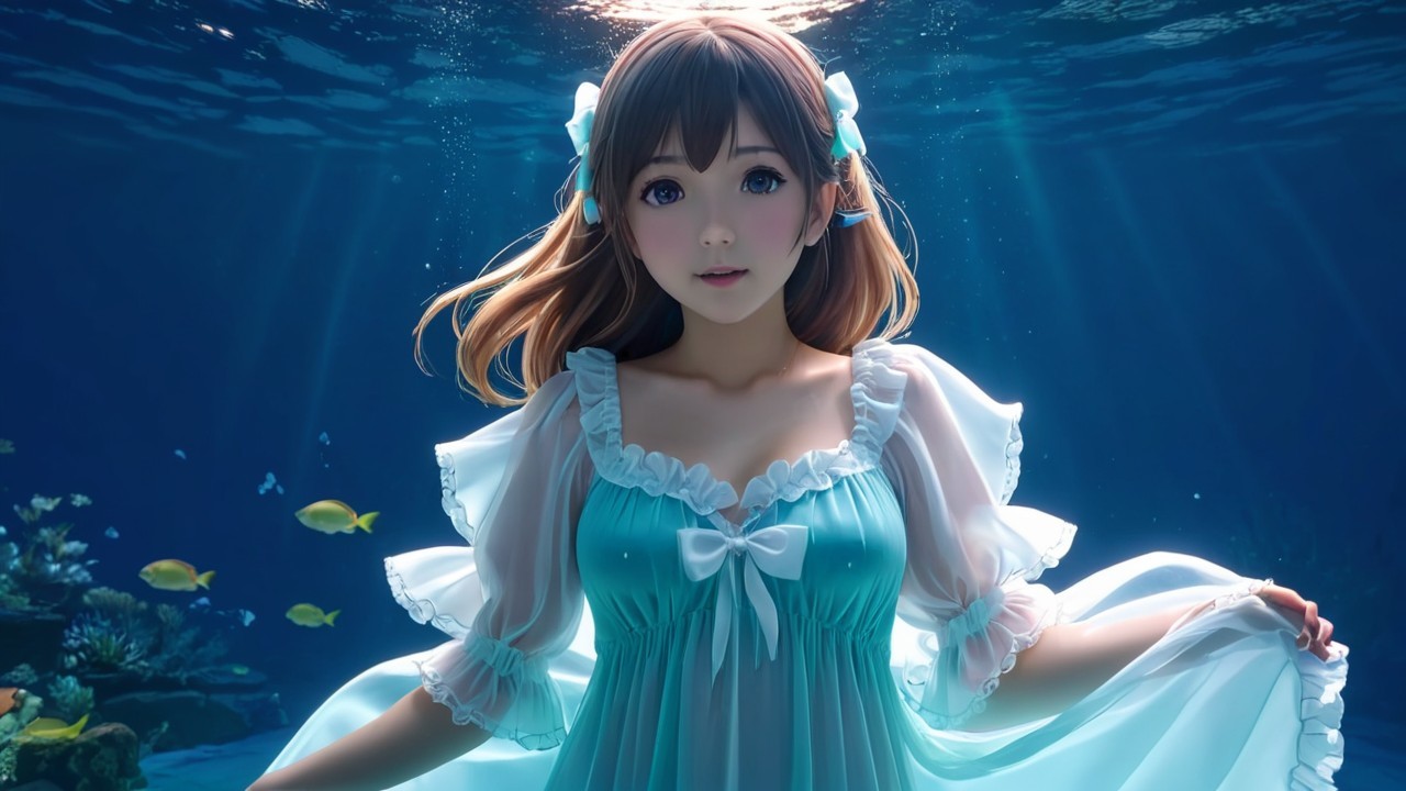 Underwater Scene with Woman in Light Blue Gown