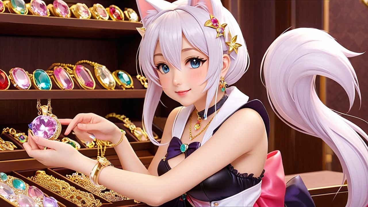 Anime Character with Cat Ears and Jewelry Display