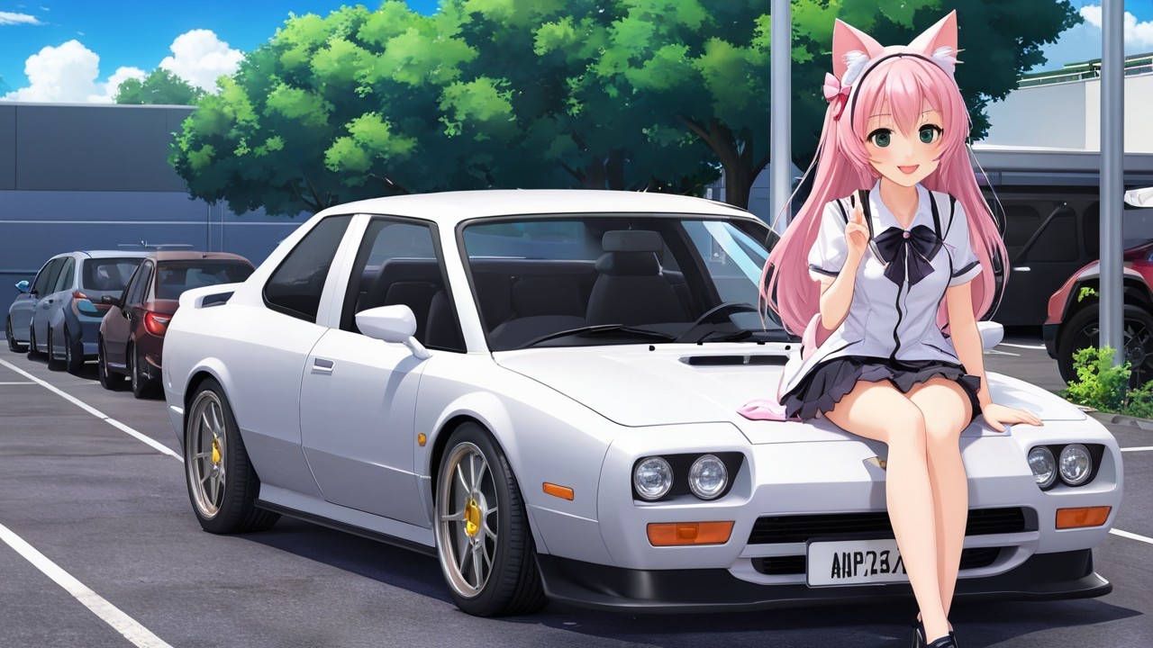 Cheerful Anime Girl in School Uniform by White Car