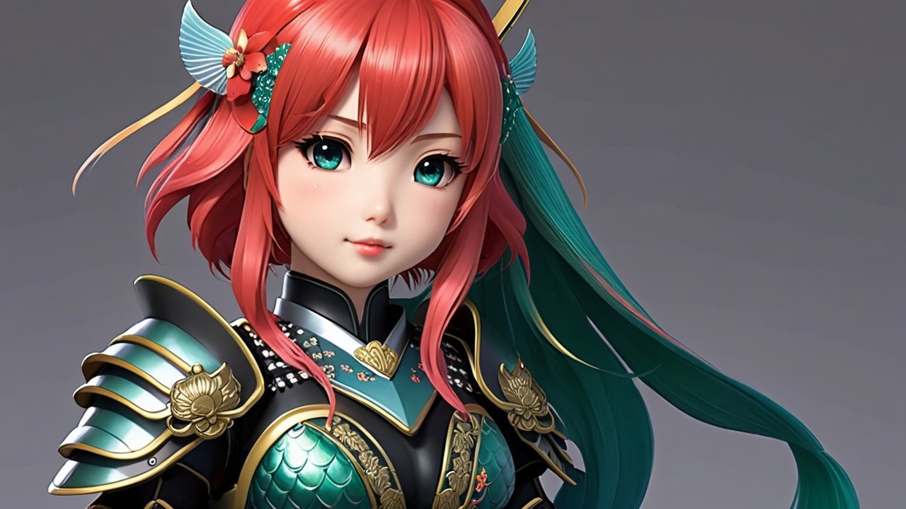 Stylized character with red and teal hair in armor