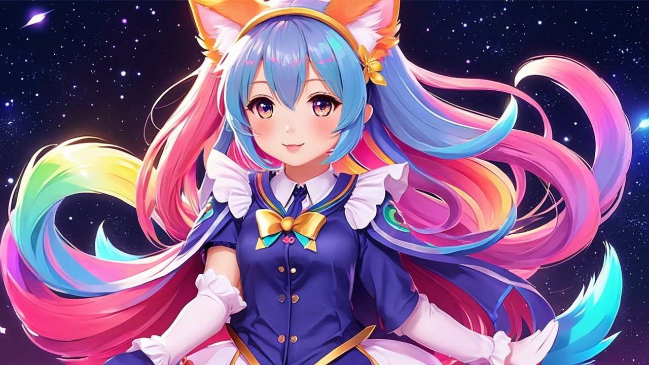 Anime Character with Colorful Hair in Starry Background