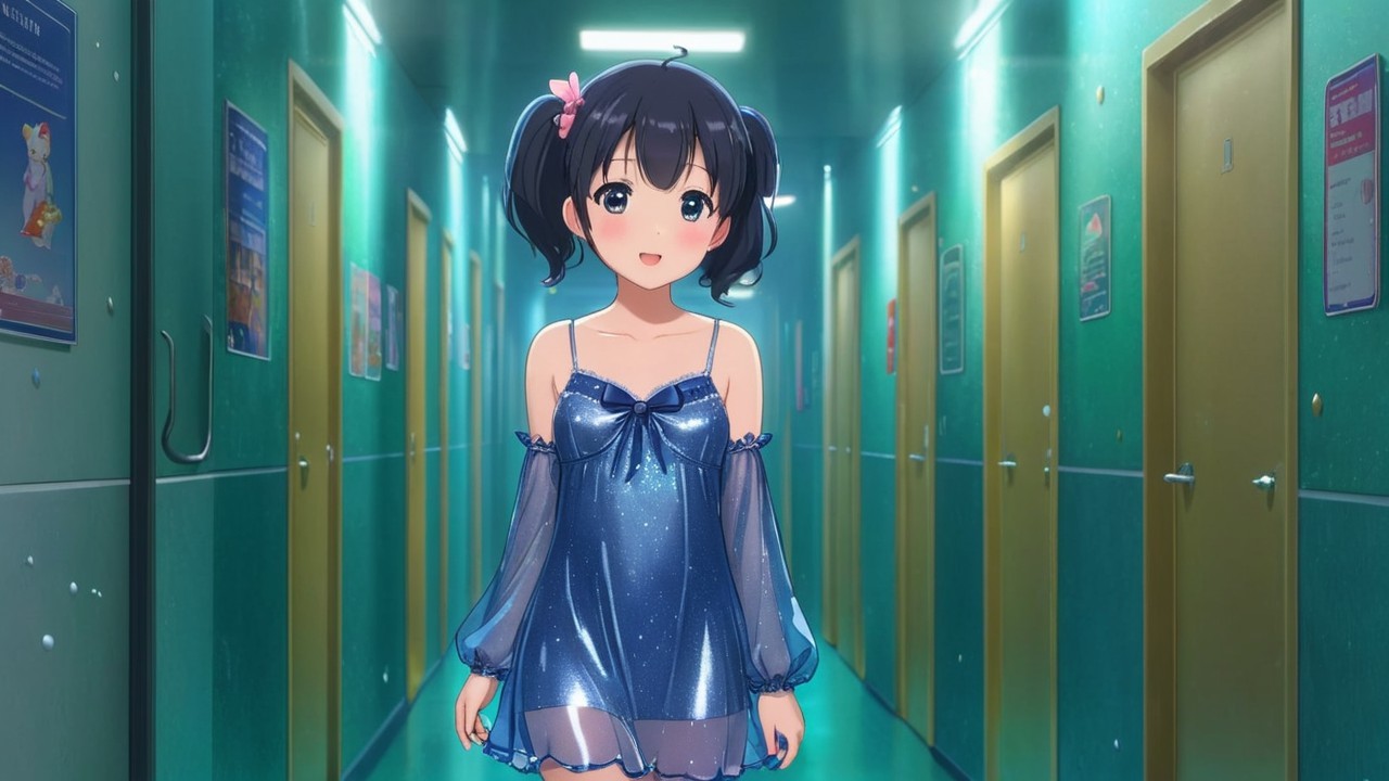 Young girl in pigtails in a colorful hallway setting