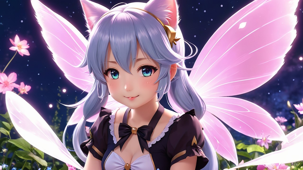 Whimsical character with blue hair and fairy wings