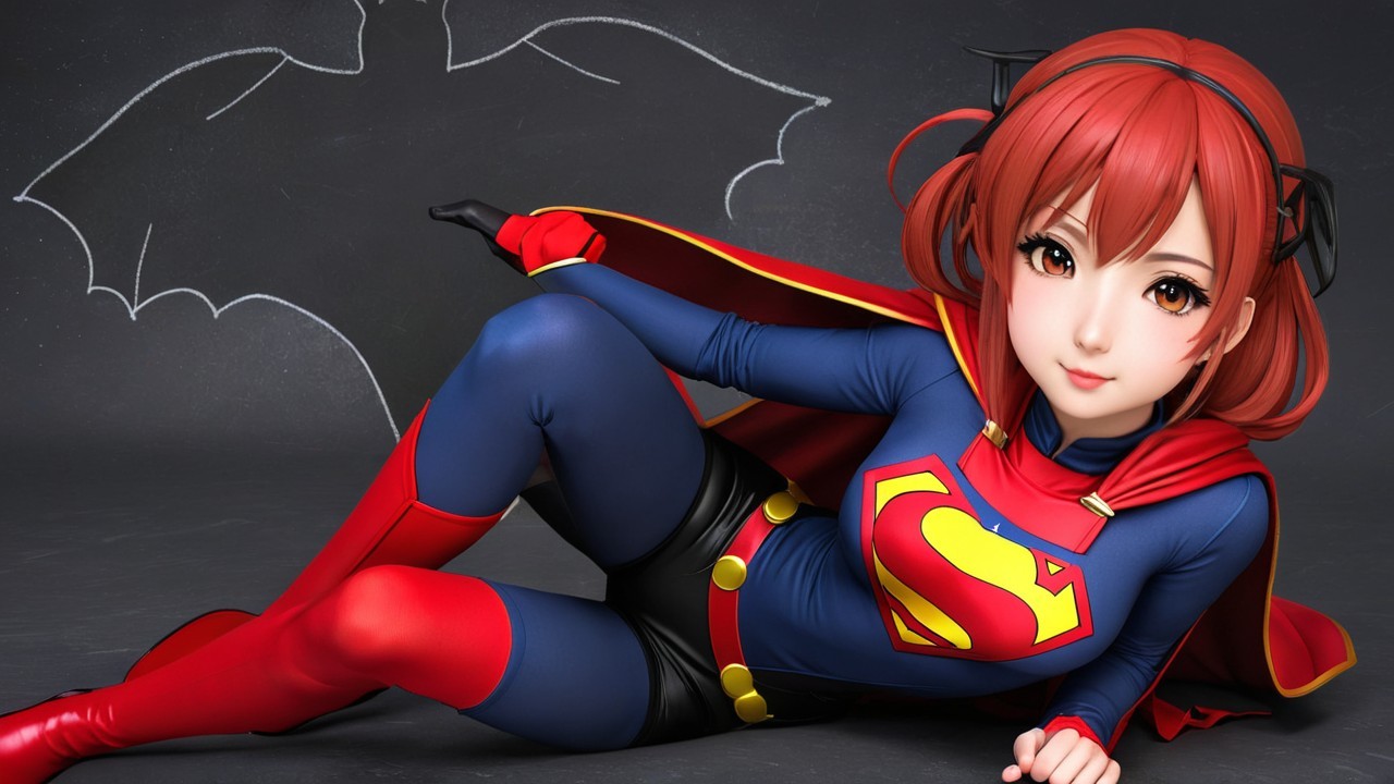 Young female superhero in vibrant blue and red costume