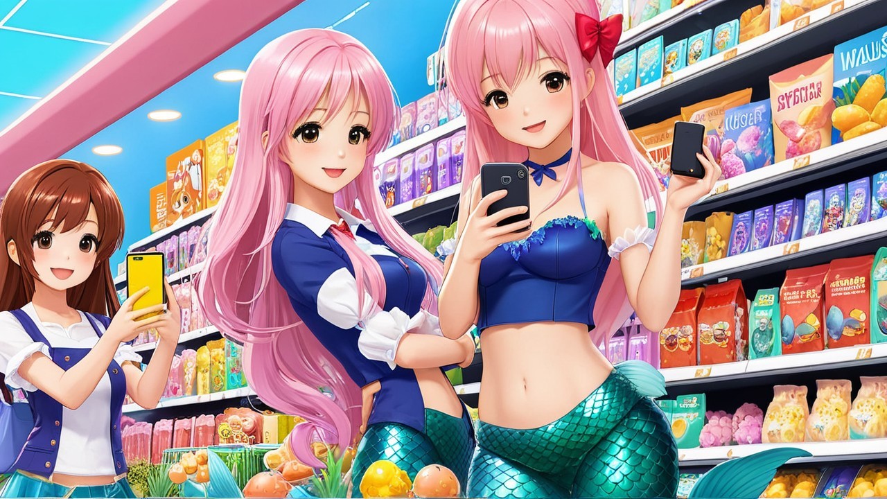 Animated Characters in a Colorful Grocery Store Aisle