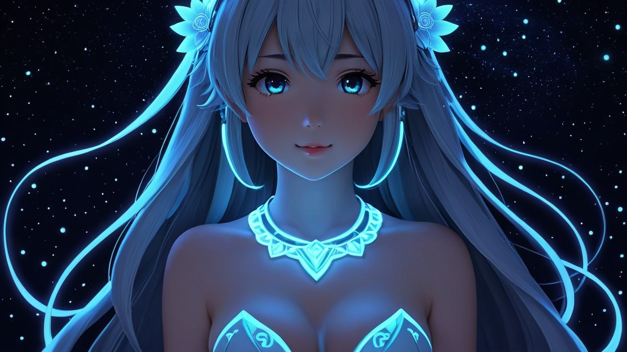 Character with Glowing Blue Hair in Starry Background