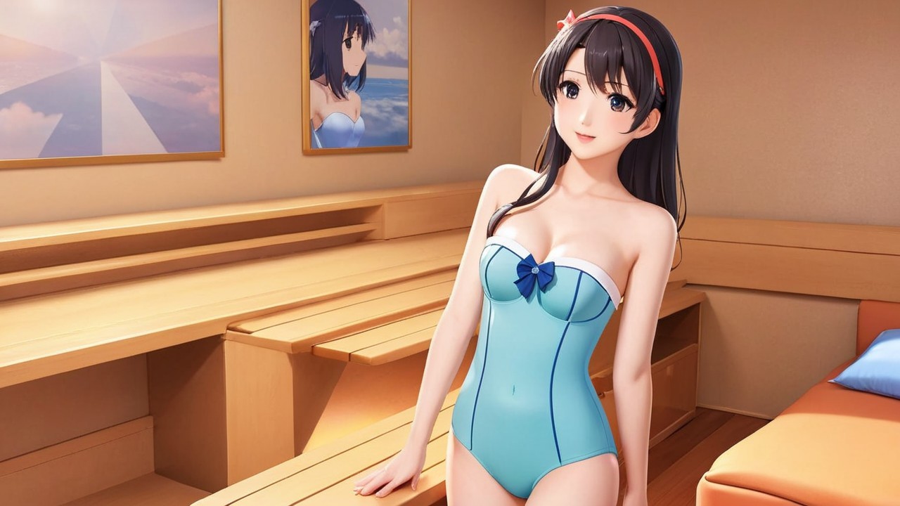 Young woman in light blue swimsuit in cozy room