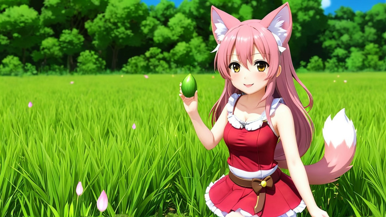 Cheerful anime character in a vibrant green field