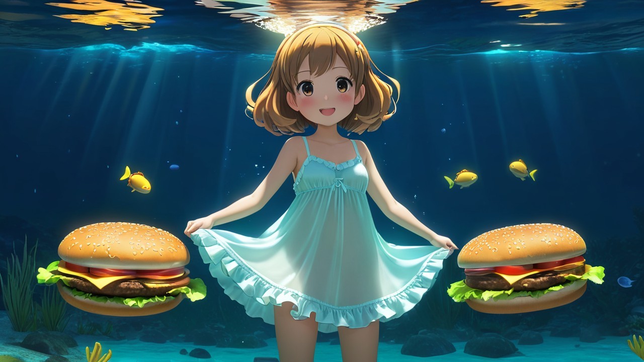 Cheerful girl underwater with hamburgers in vibrant scene