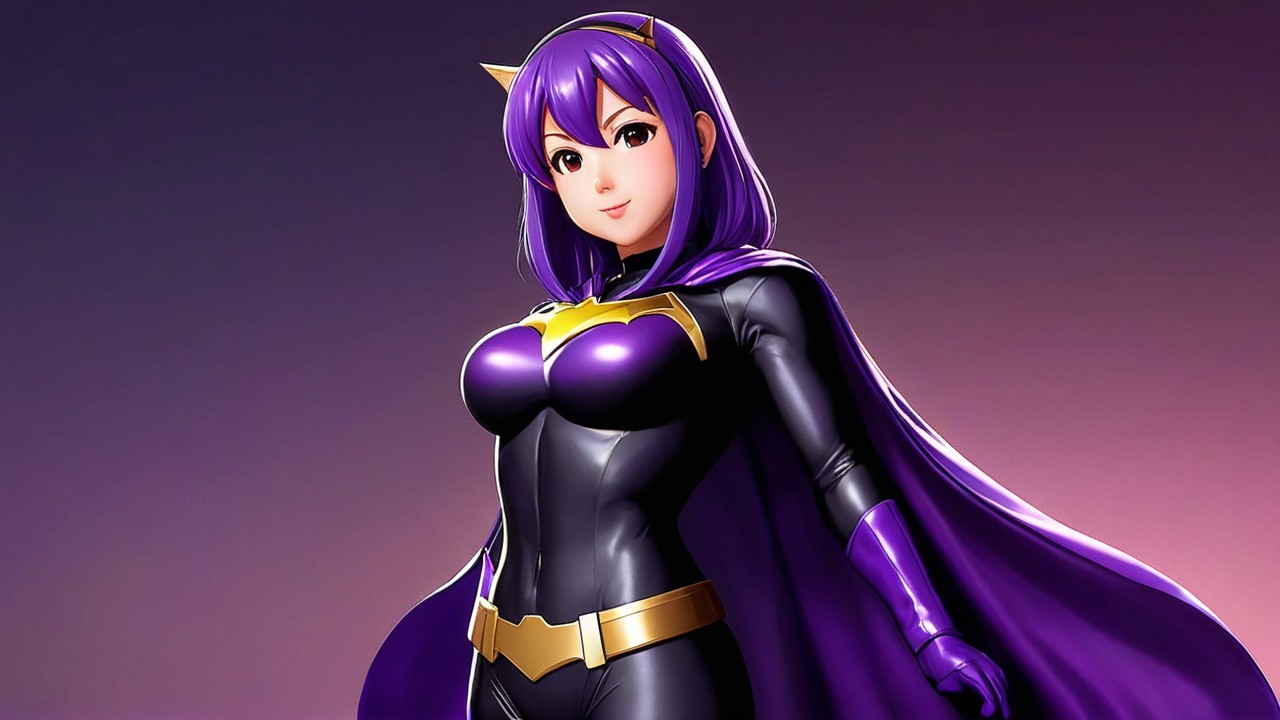 Confident Female Superhero in Black and Purple Suit