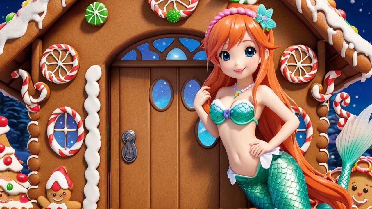 Cheerful Mermaid by Gingerbread House in Winter Scene