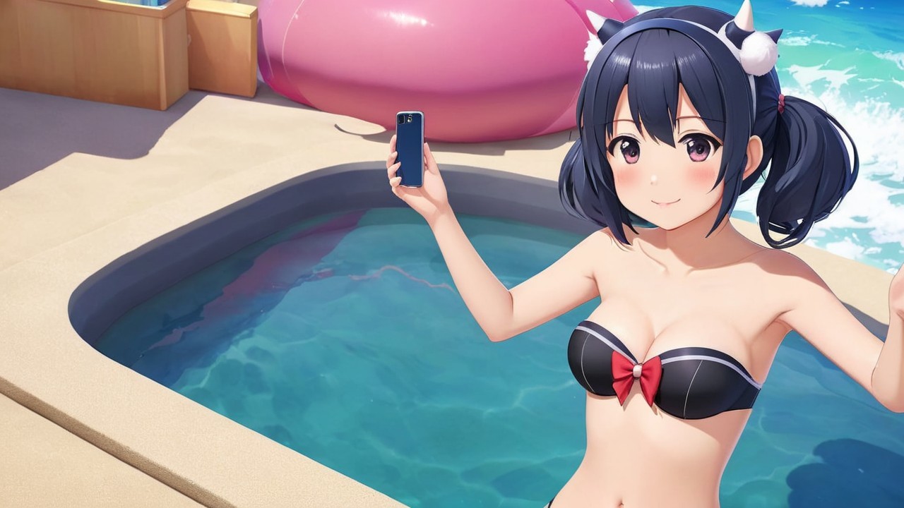 Cheerful anime girl by sparkling pool in bikini