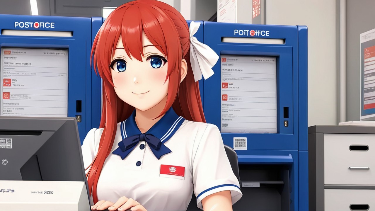 Cheerful Young Woman at Post Office Desk