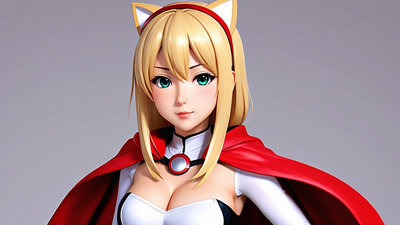 Stylized anime character with green eyes and cape