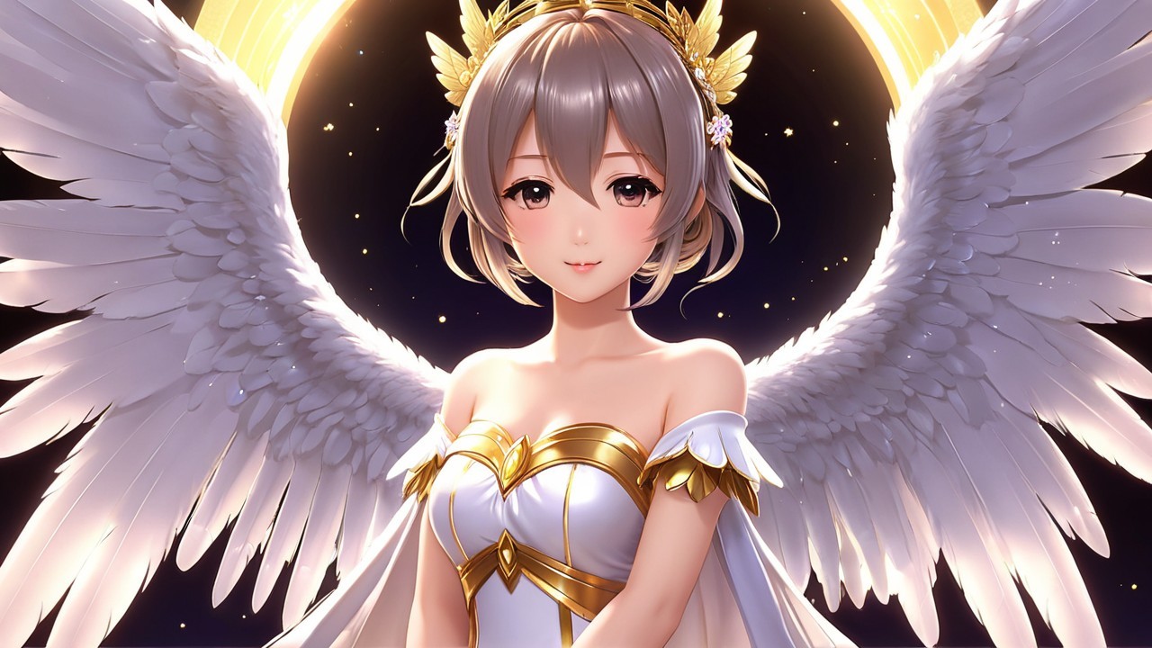 Graceful Figure with White Wings and Starry Background