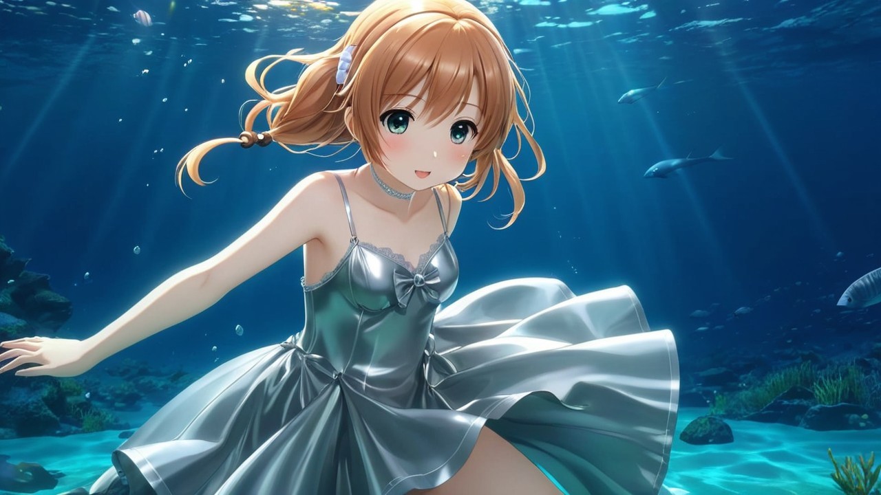 Underwater Scene with Girl in Silver Dress and Fish