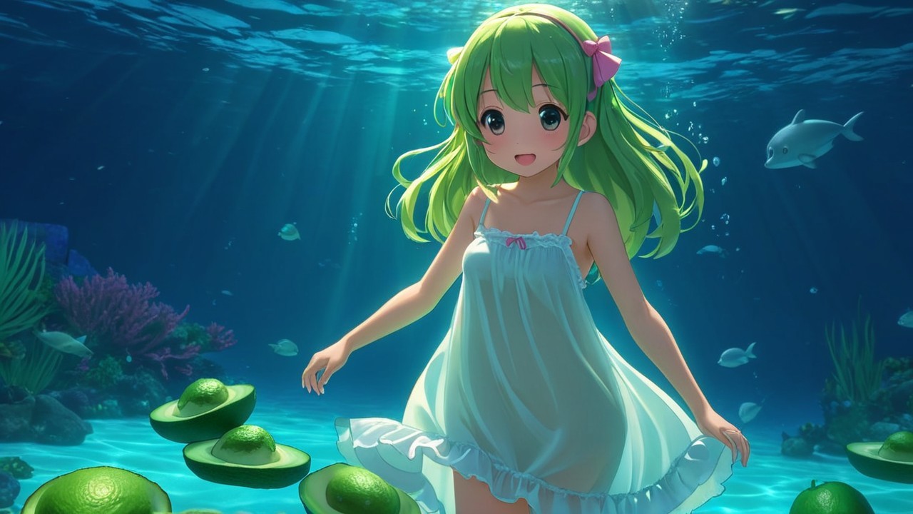 Underwater Scene with Girl and Floating Avocados