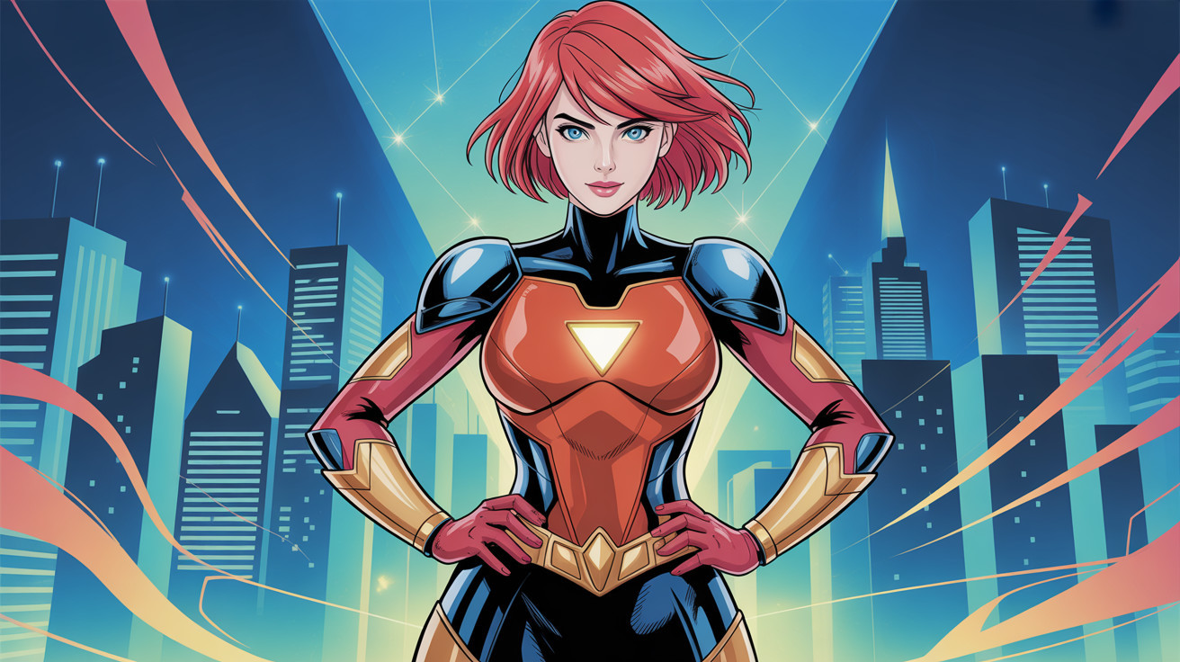 Futuristic superhero in a cityscape at night