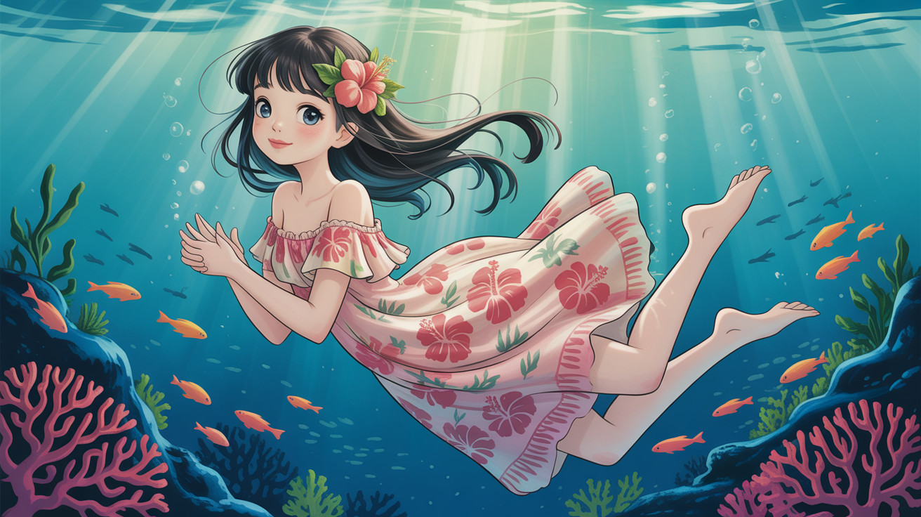 Anime girl in pink floral dress floating underwater