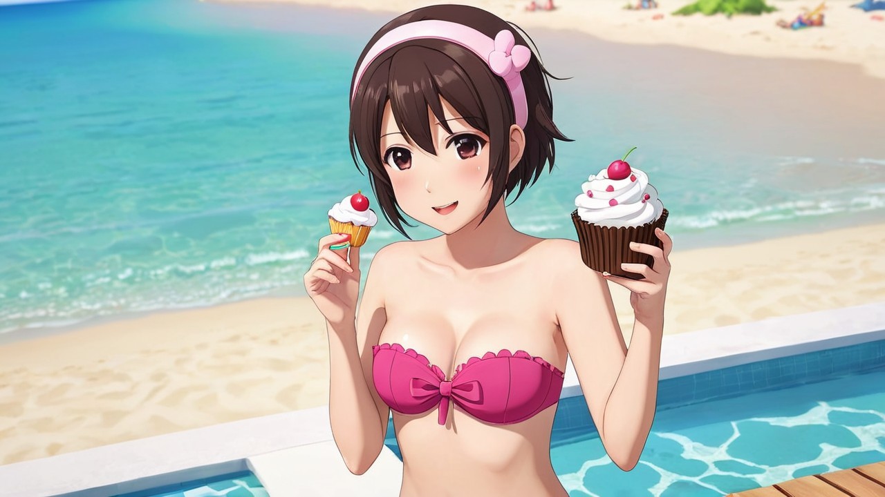 Cheerful girl by pool with cupcakes and beach view