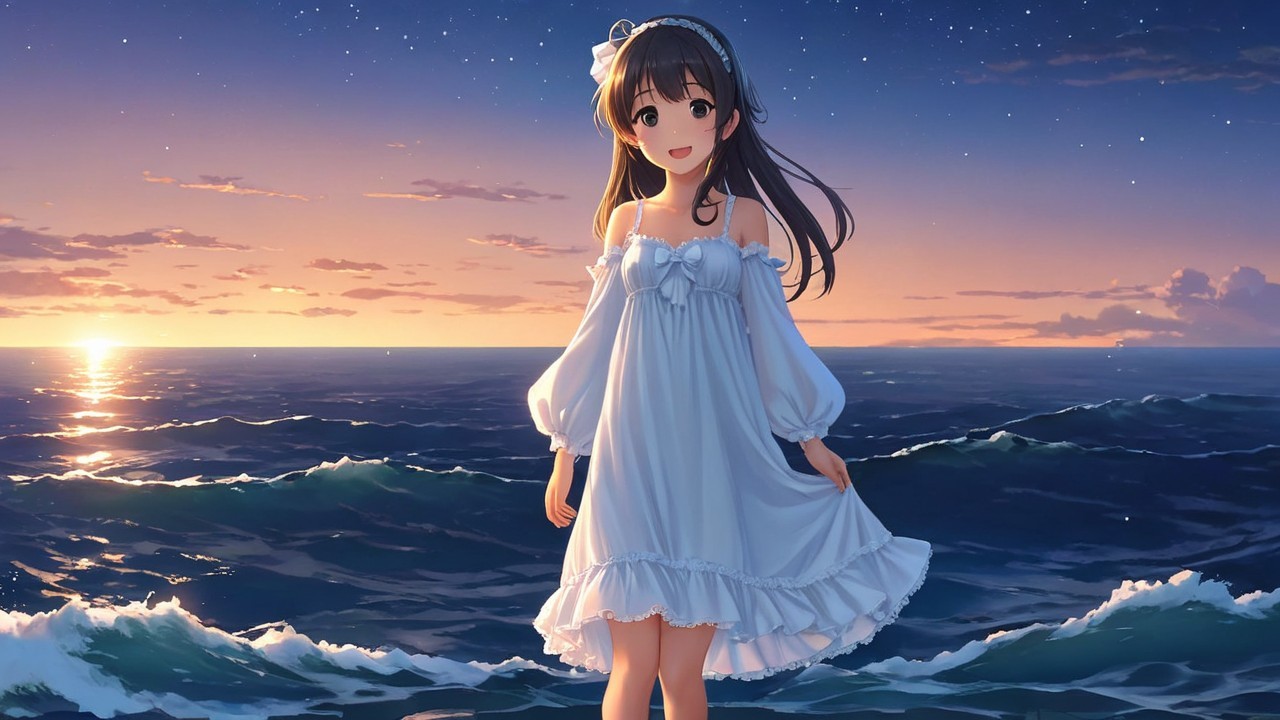 Girl in White Dress by Ocean at Sunset