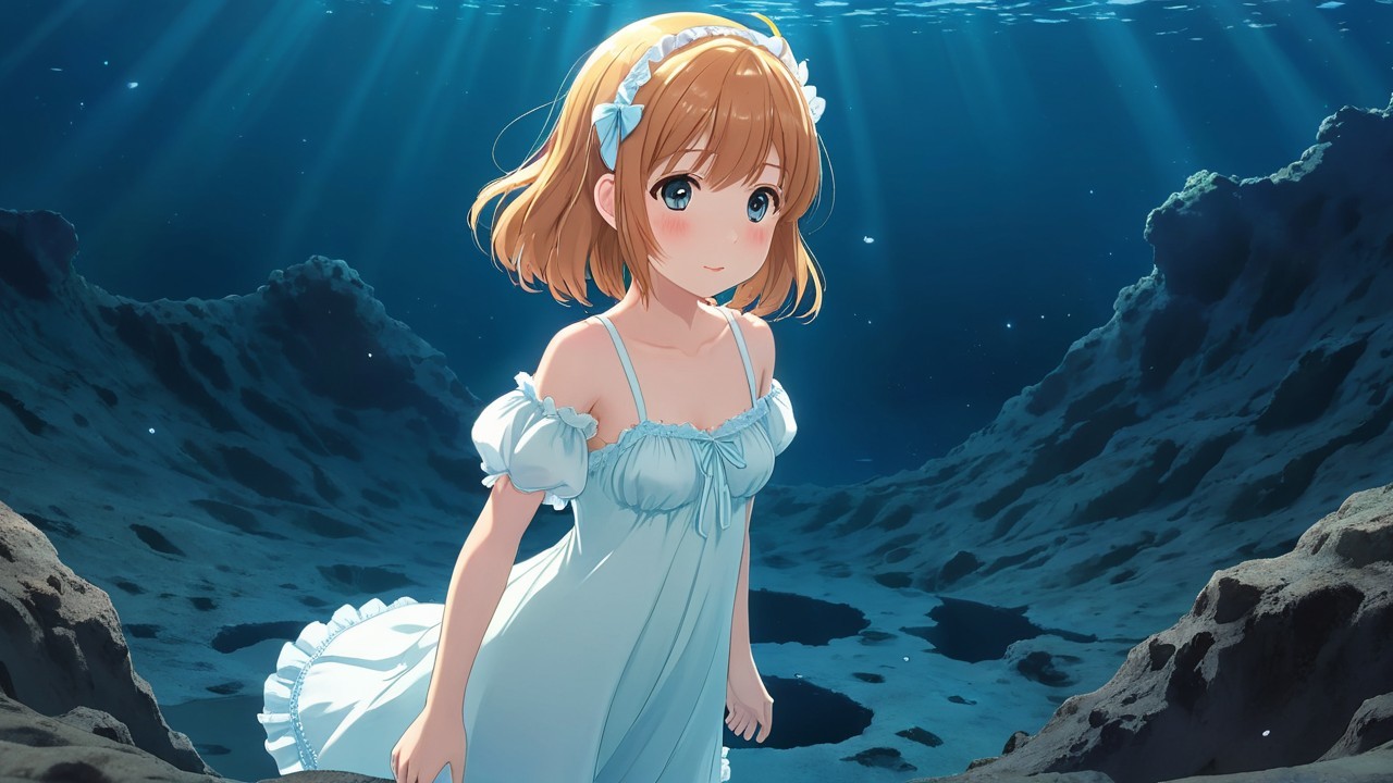 Young girl in pale blue dress underwater with bubbles