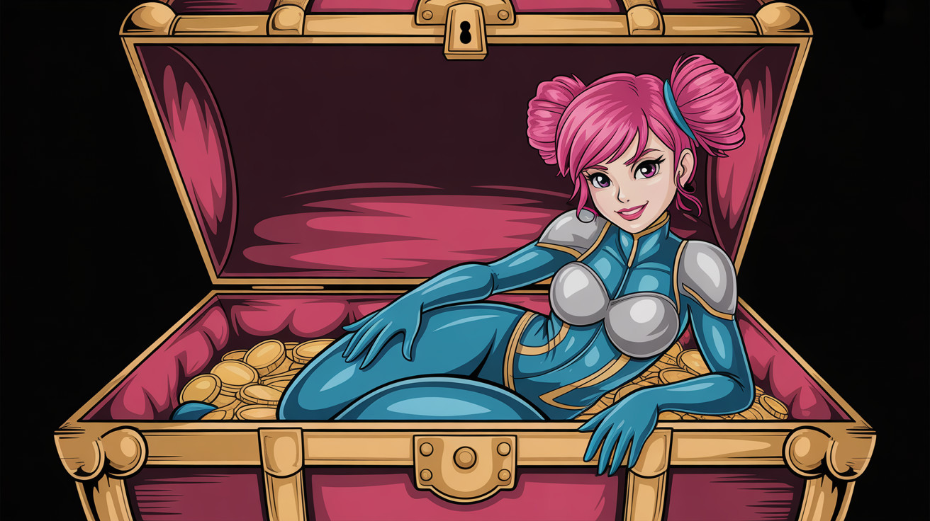 Digital Illustration of Woman in Superhero Suit with Treasure