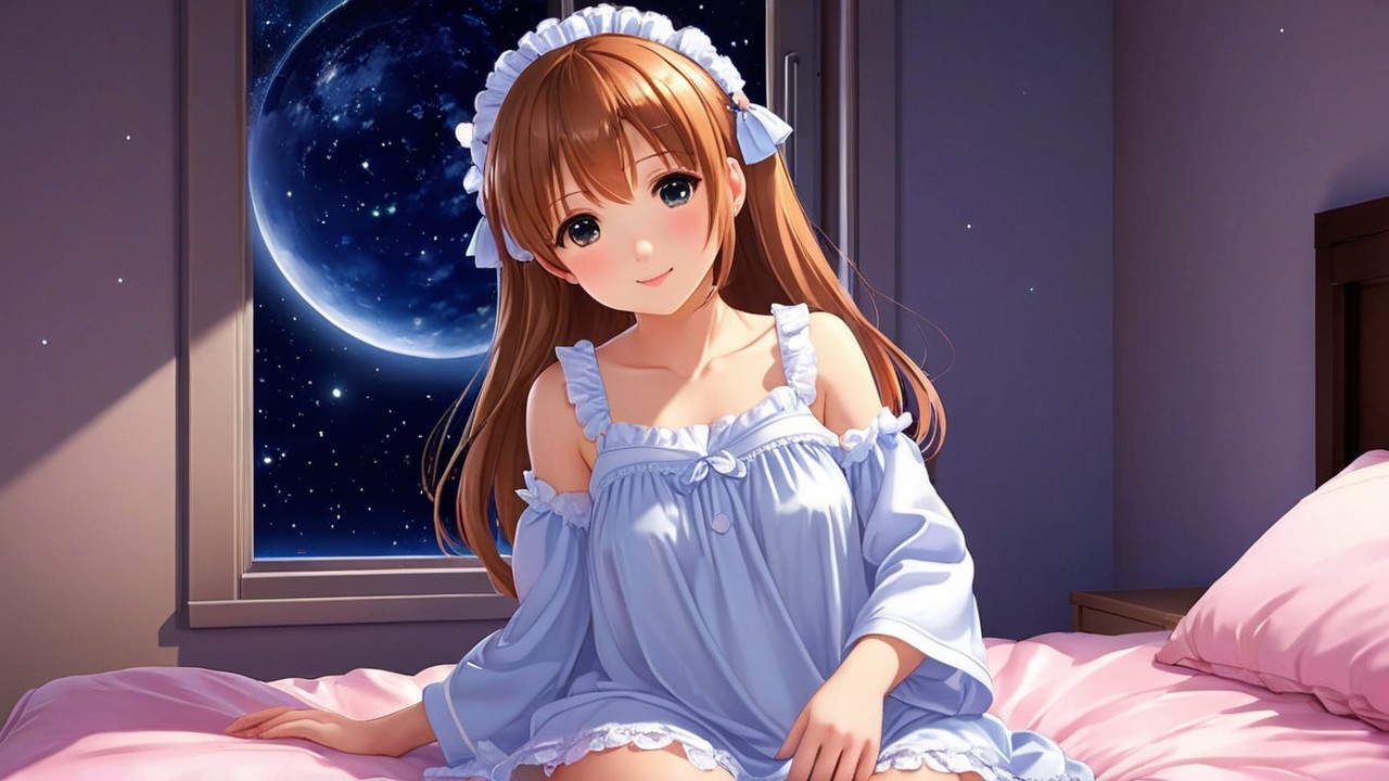 Young girl in blue nightgown on cozy bed with stars