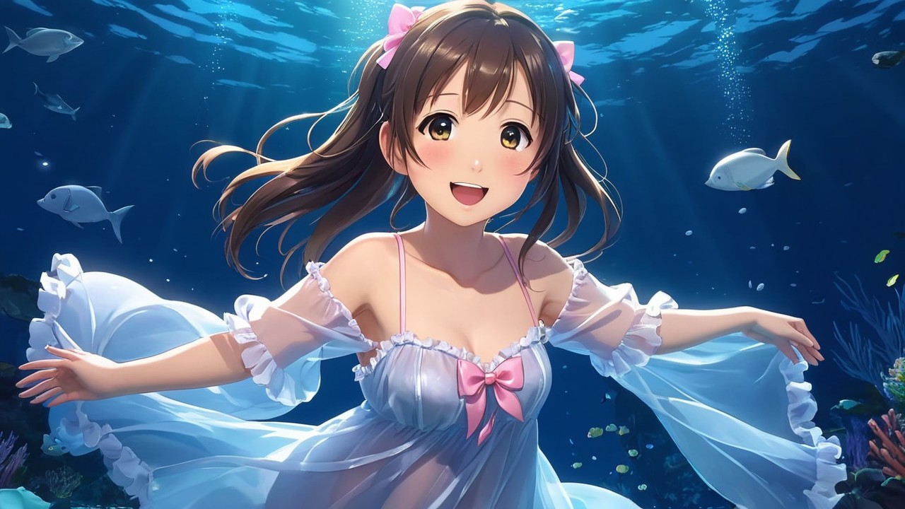 Cheerful girl underwater with fish and coral scene