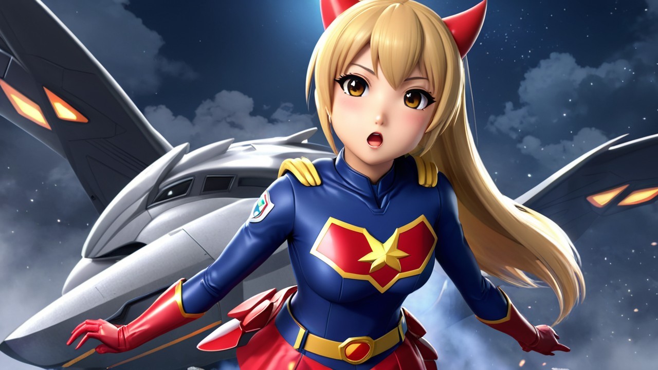 Anime Character in Vibrant Outfit with Aircraft Background
