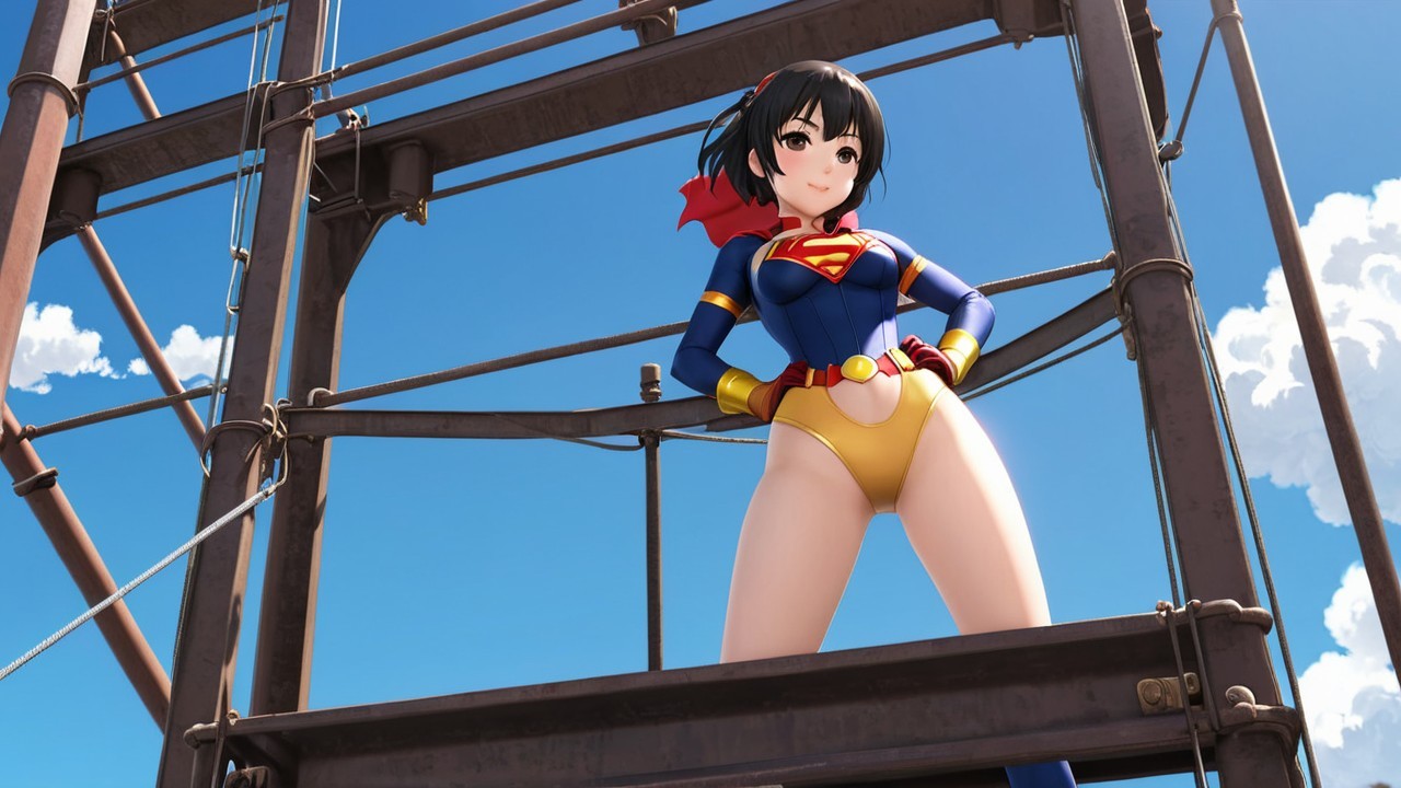 Stylized superhero character on metal framework backdrop