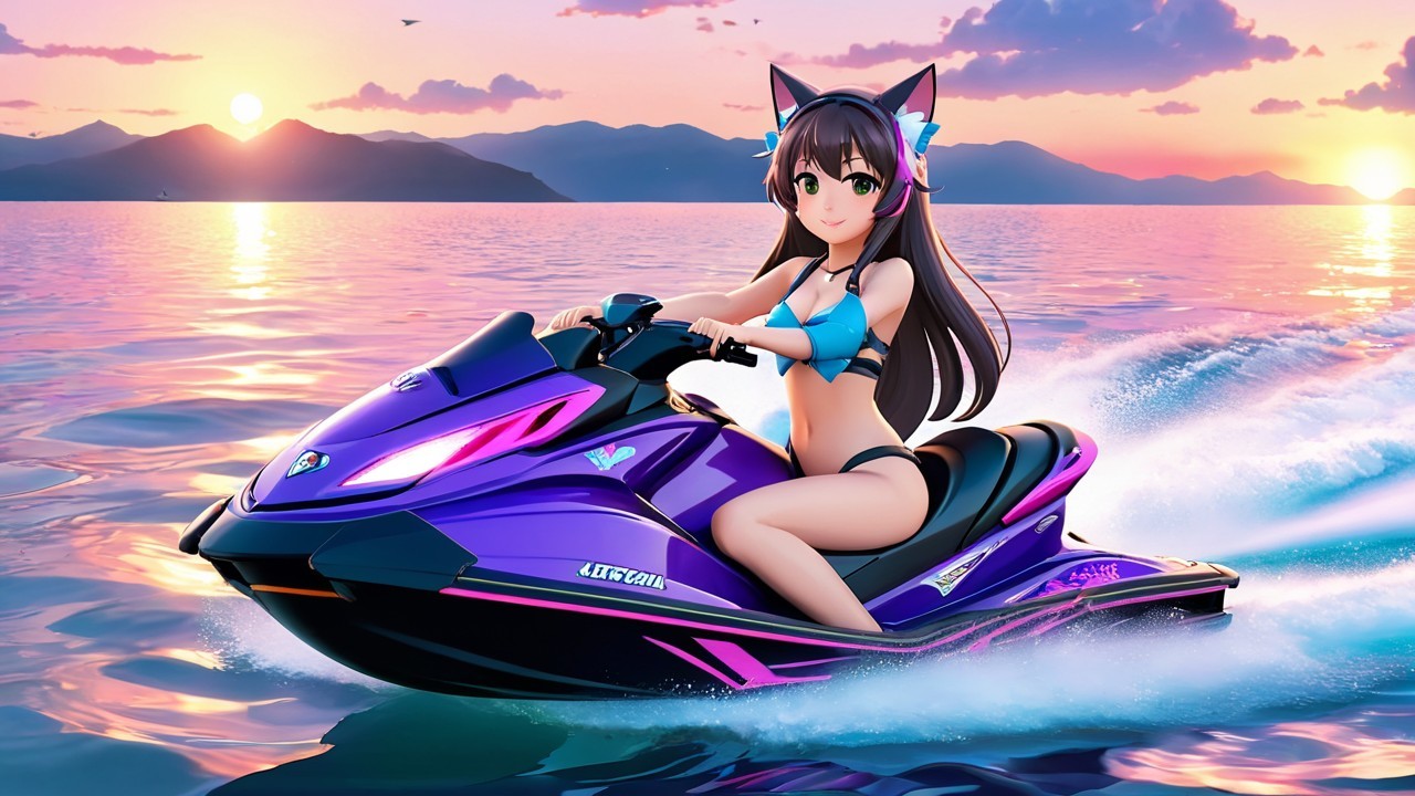Animated girl with cat ears on purple jet ski at sunset