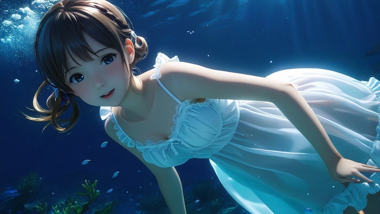 Young woman in white dress swimming underwater with fish