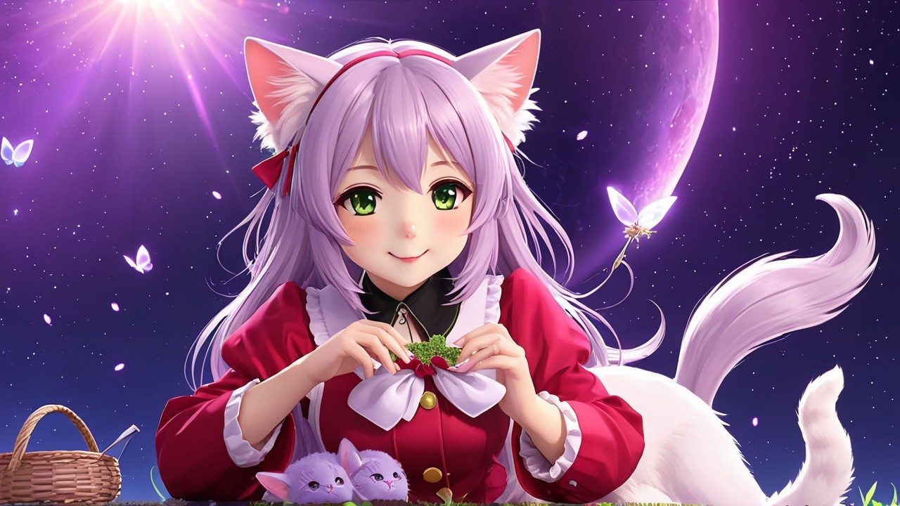 Whimsical character with cat features in a starry night