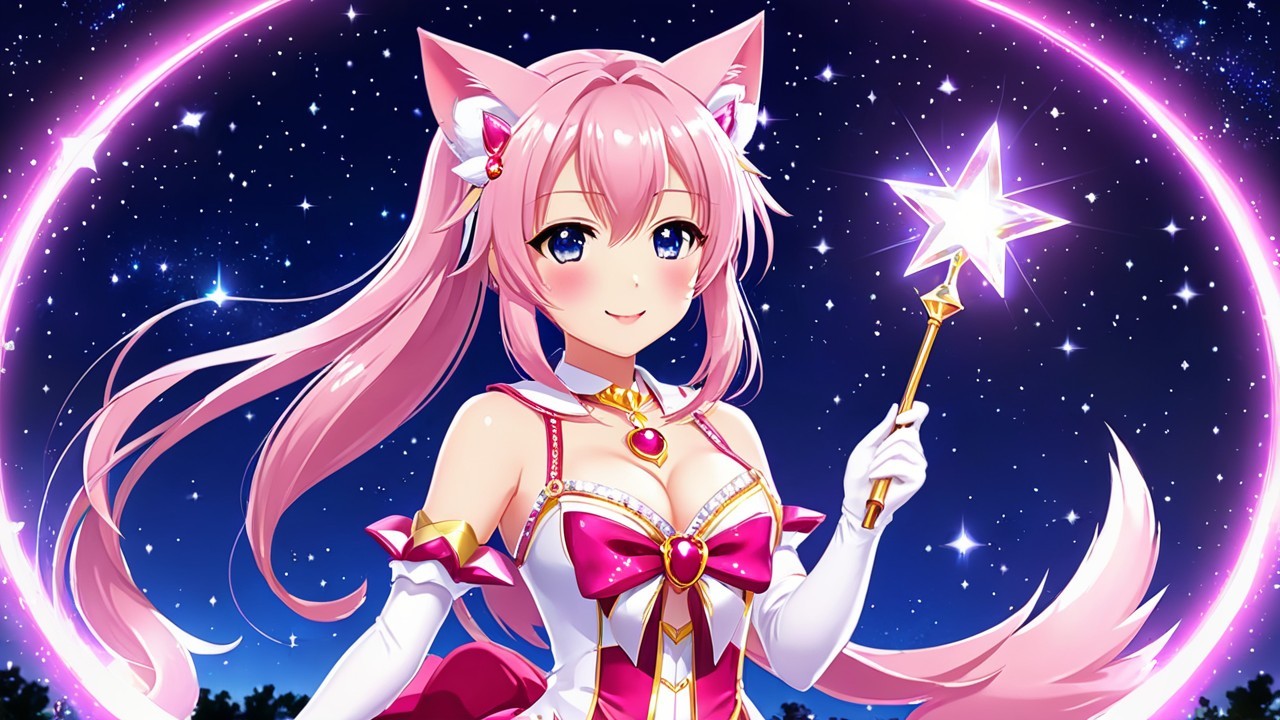 Magical character with pink hair and starry background