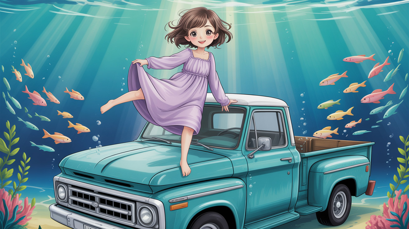 Anime Girl on Vintage Truck in Ocean Setting