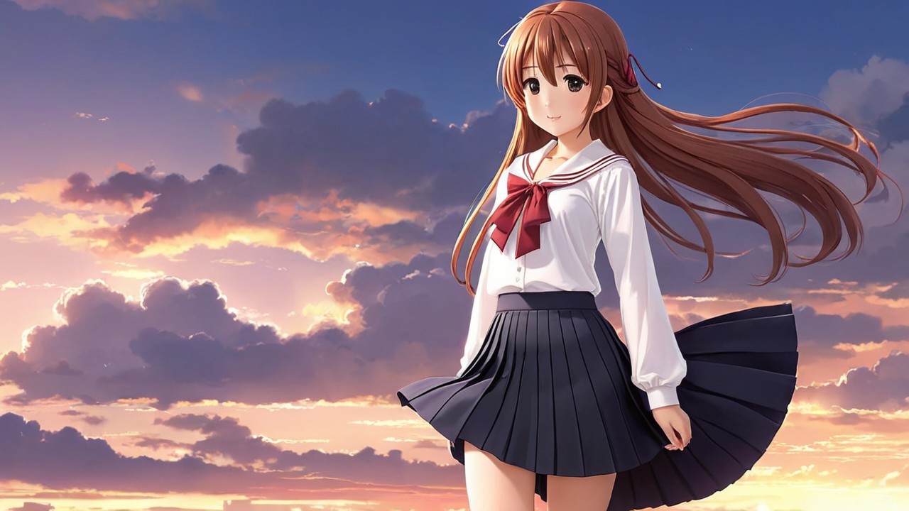Young Girl in School Uniform at Vibrant Sunset