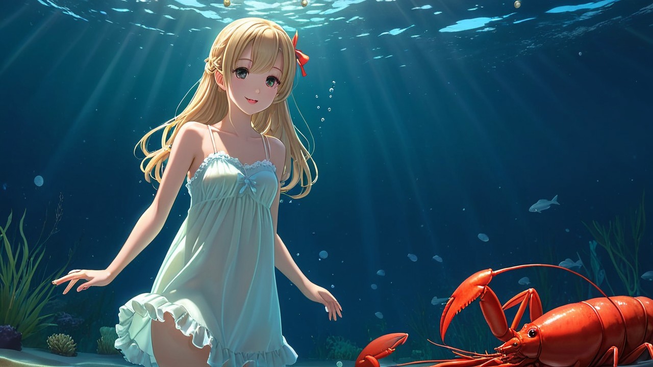 Young girl in white dress surrounded by underwater life