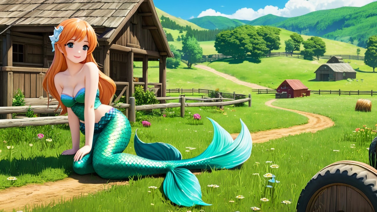 Cheerful Mermaid in Picturesque Countryside Setting