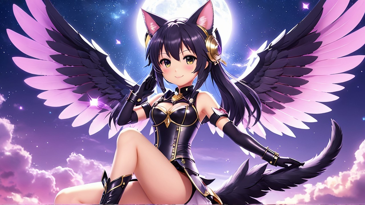 Anime Character with Cat Ears and Wings in Night Sky