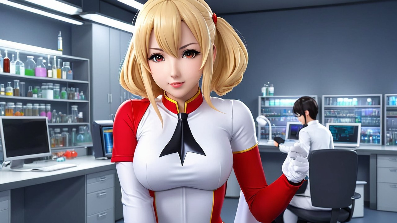 Stylized female character in modern lab setting