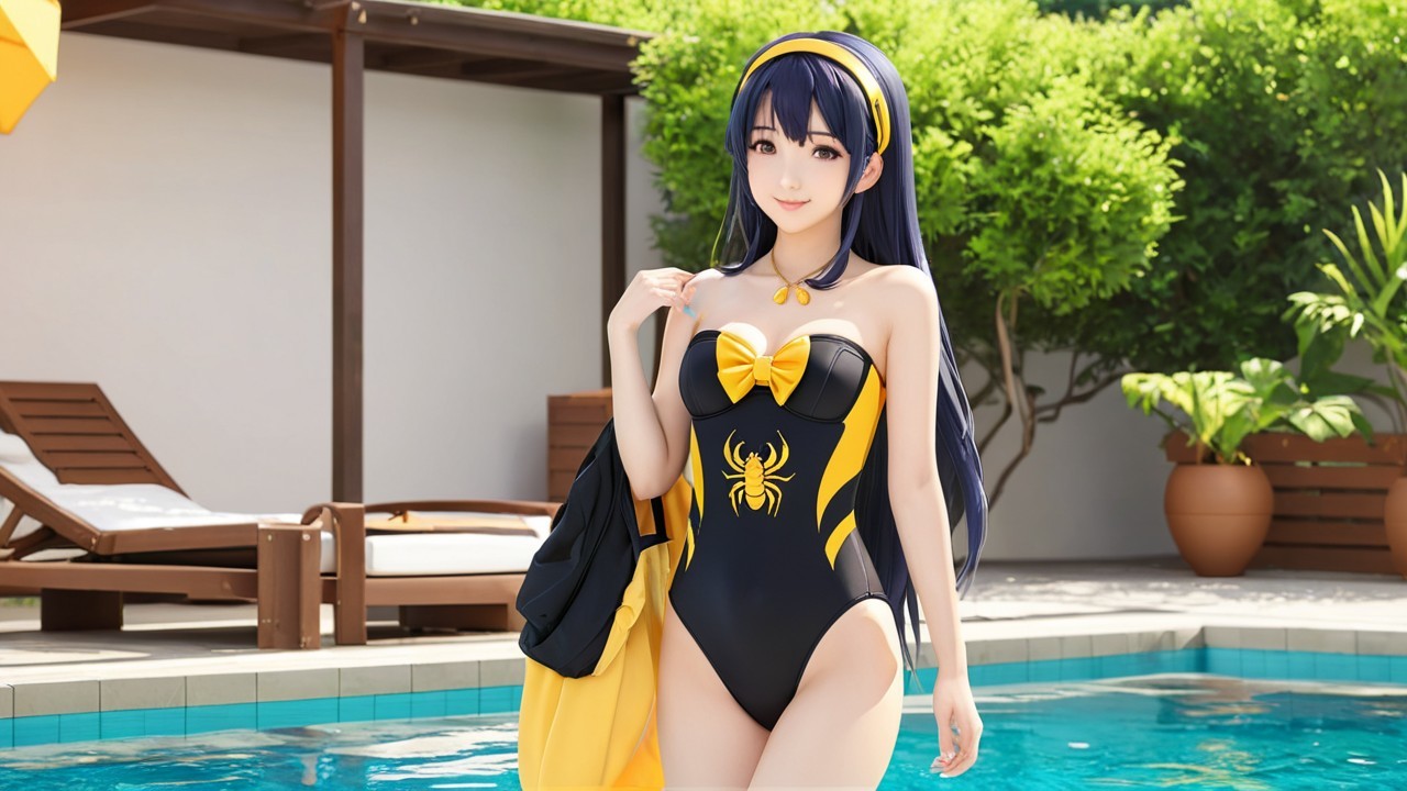 Character in Black Swimsuit by Poolside Garden