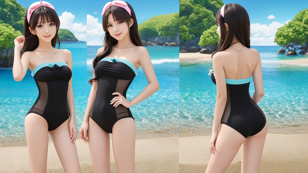 Young woman in black swimsuit on beach with scenery