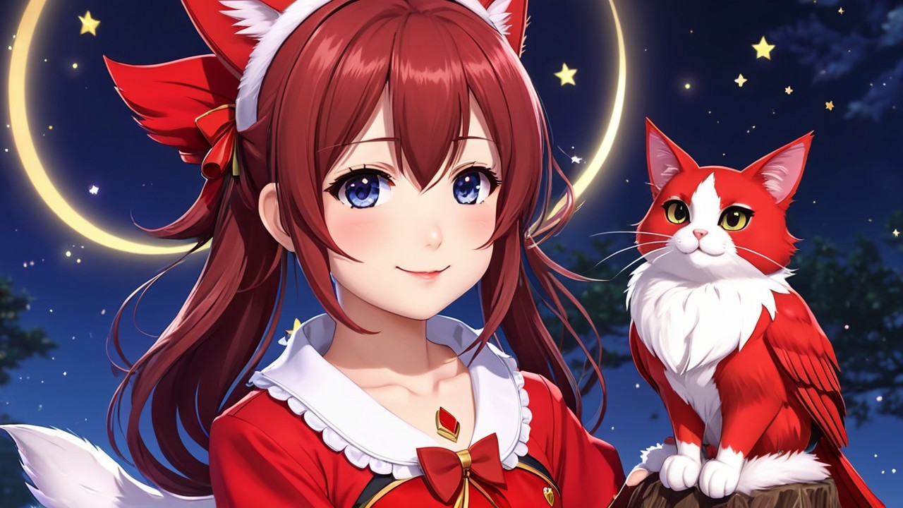 Cheerful girl with red hair and festive dress under moon