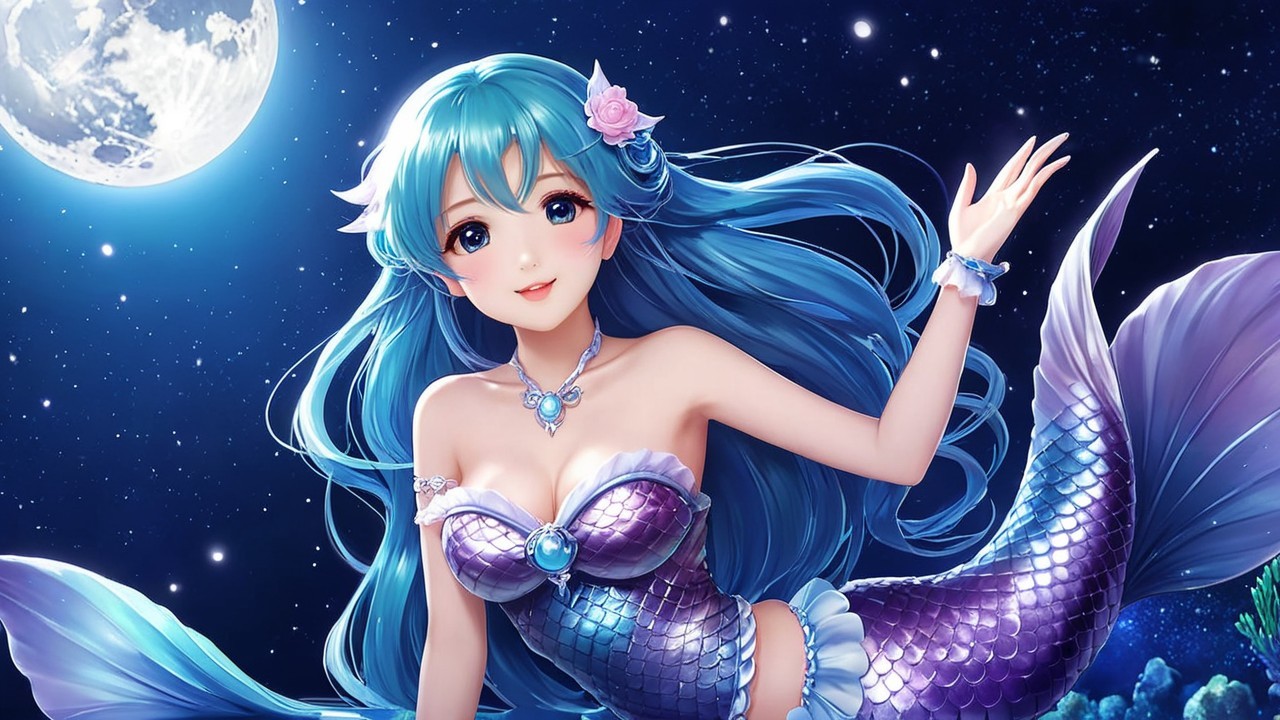 Animated Mermaid with Turquoise Hair and Moonlit Sky