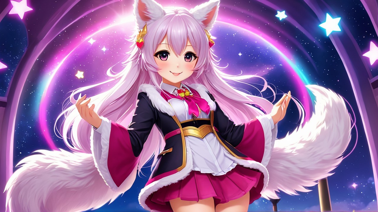 Anime Character with Pink Hair and Fox Ears in Cosmos