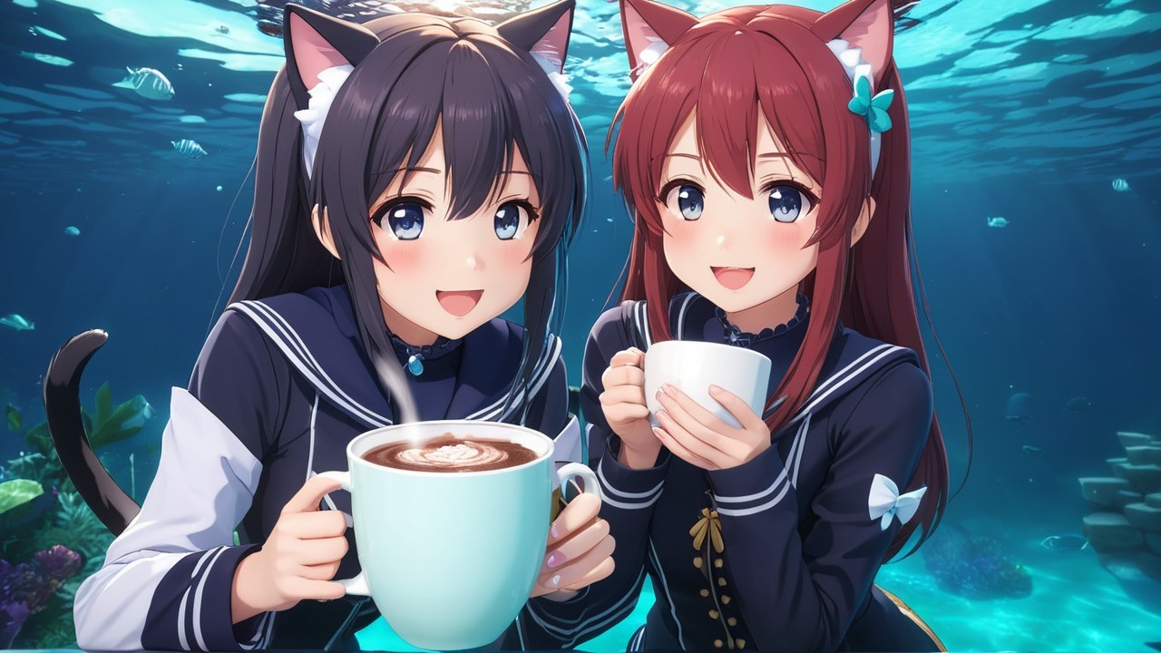 Cheerful anime girls with cat ears in underwater scene