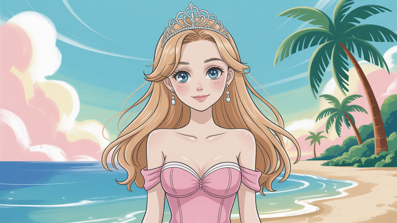 Cheerful Anime Girl on Tropical Beach Scene