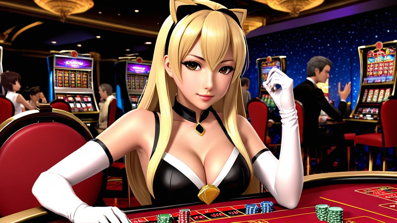 Glamorous Character at Casino Table with Colorful Chips